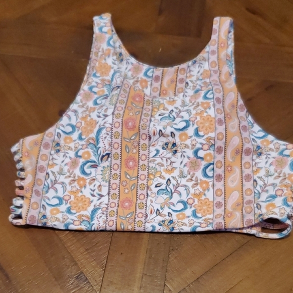 Zaful Floral and Striped Bikini Top - Peach and Teal